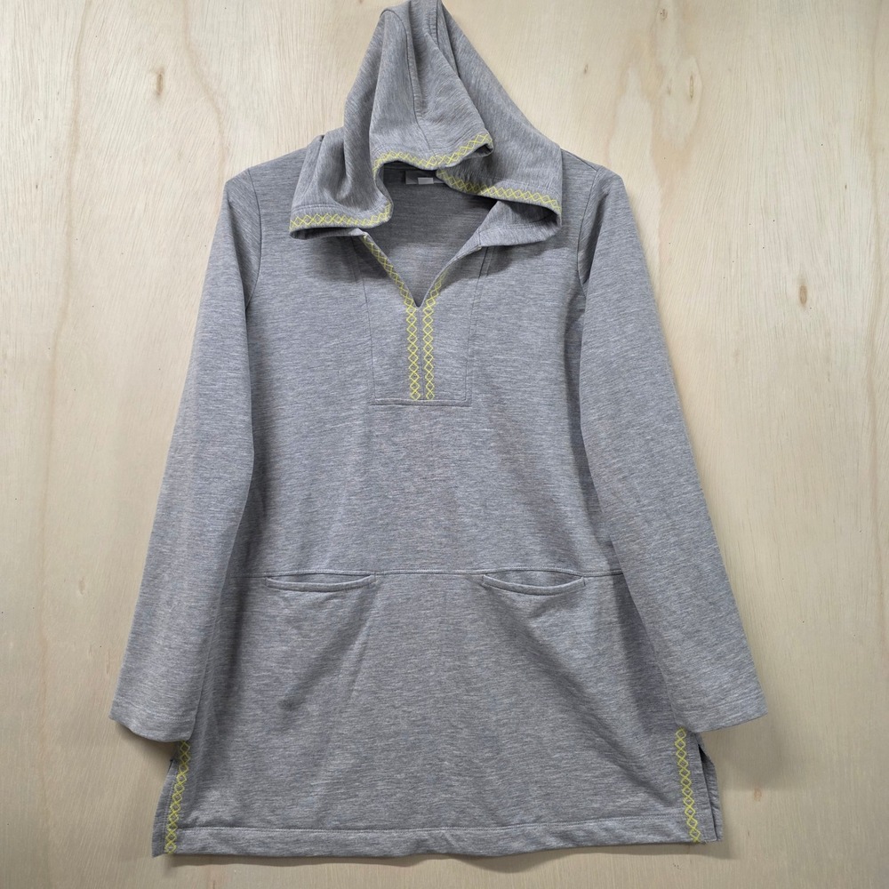 J. Jill Fit Womens Petite Small Gray Hooded Tunic Sweatshirt Kangaroo Pocket